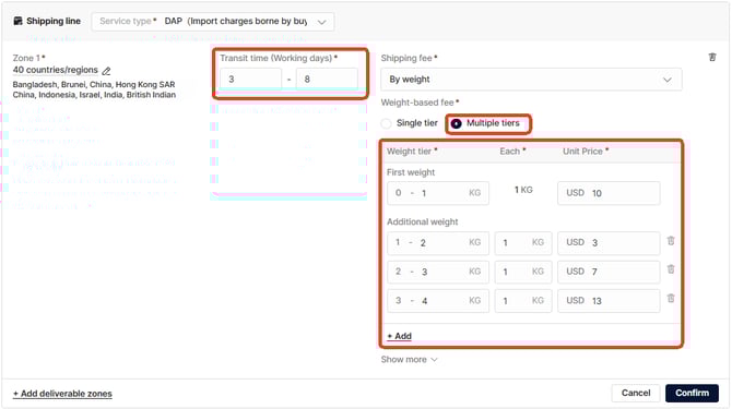shippingTemplate7-by weight3 multipletiers